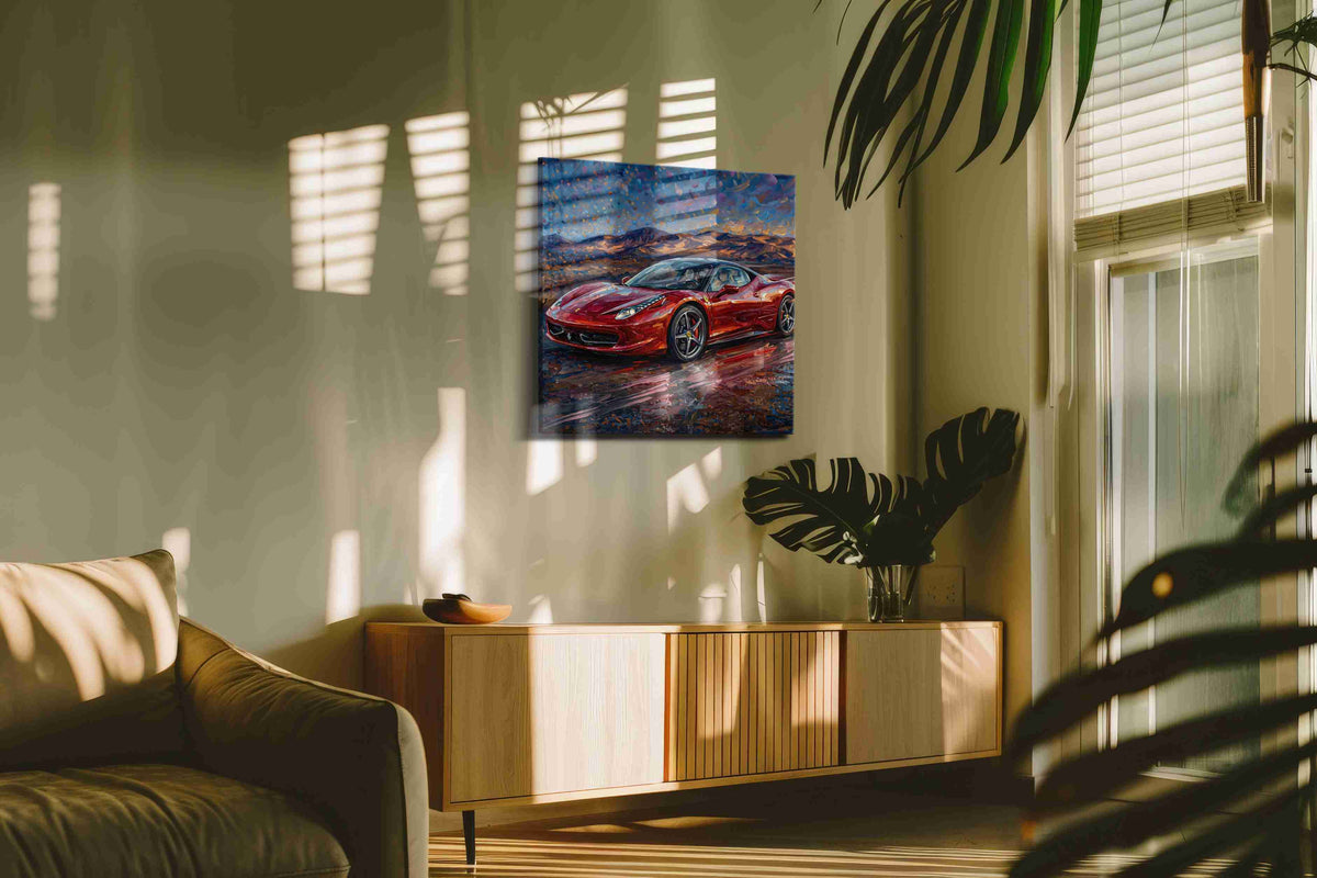 Crimson Velocity IV automobile canvas print in a contemporary interior mockup