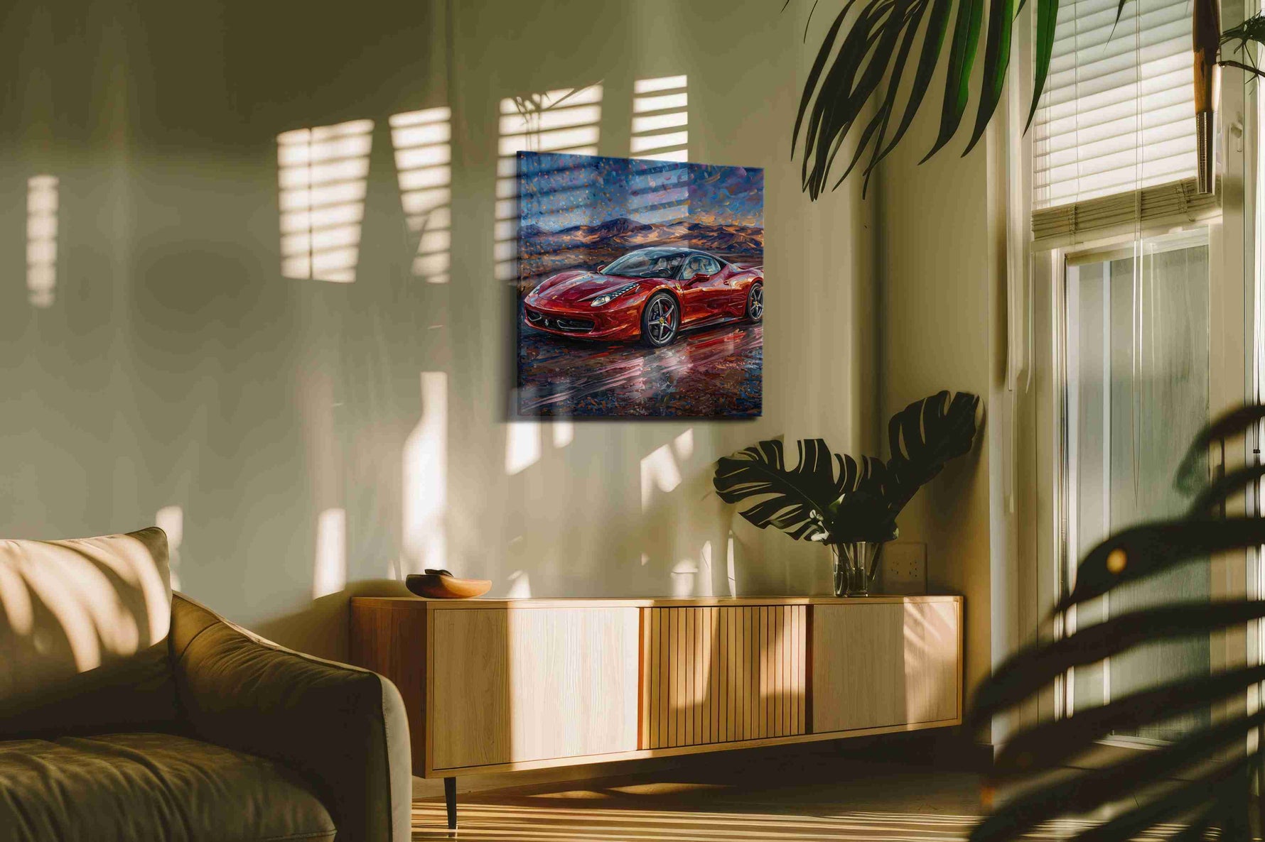 Crimson Velocity IV automobile canvas print in a contemporary interior mockup