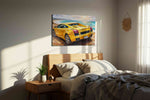 Golden Dreamscape Speed automobile canvas print, displayed in a bedroom