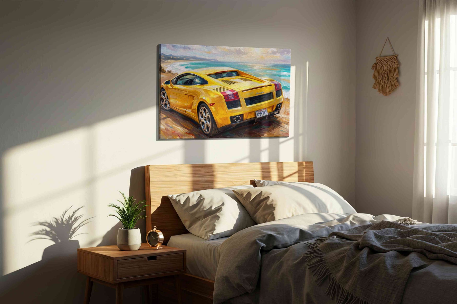 Golden Dreamscape Speed automobile canvas print, displayed in a bedroom