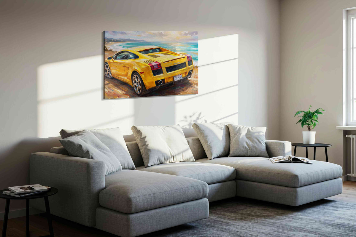 Golden Dreamscape Speed automobile canvas print, displayed in a living room