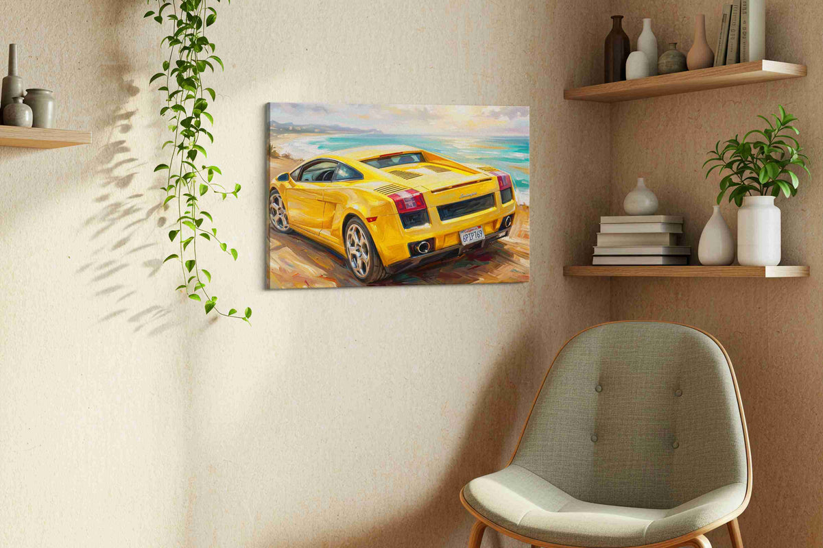Golden Dreamscape Speed automobile canvas print styled in a living room