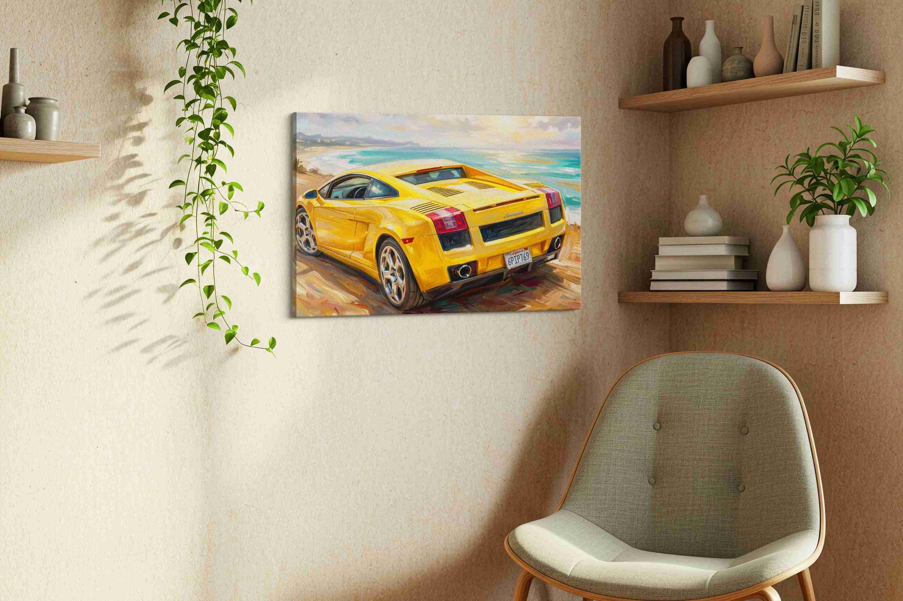 Golden Dreamscape Speed automobile canvas print styled in a living room