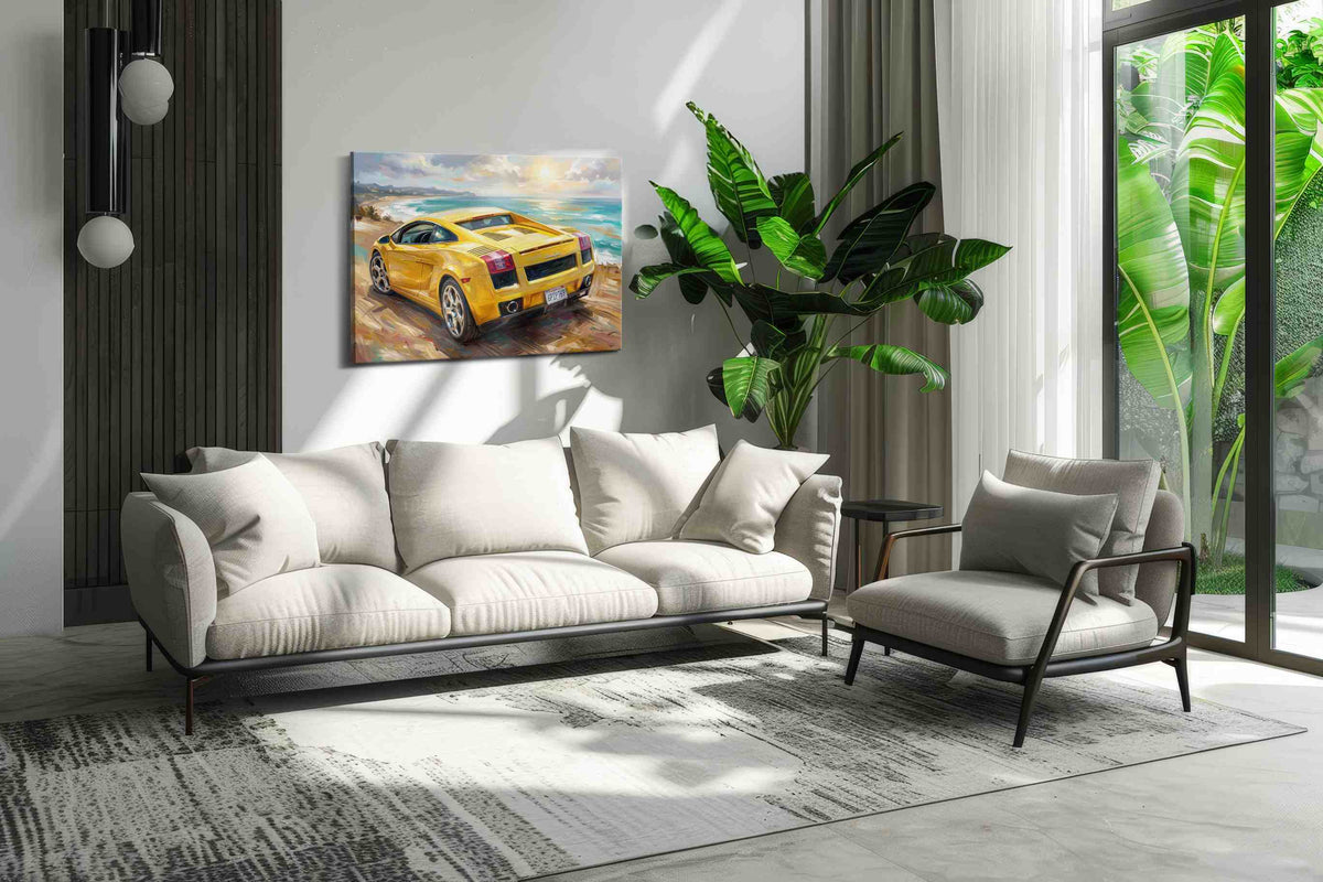 Golden Dreamscape Speed automobile canvas print in a modern interior mockup
