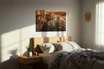 Golden Drive Reverie vintage canvas print, displayed in a bedroom