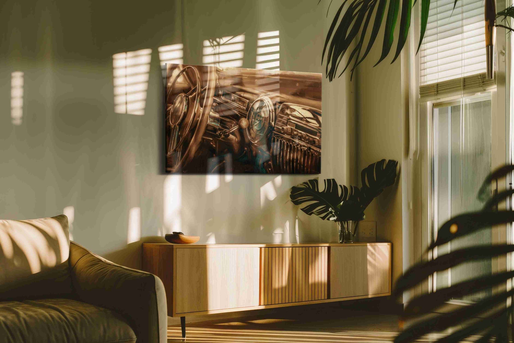 Golden Drive Reverie vintage canvas print in a contemporary interior mockup