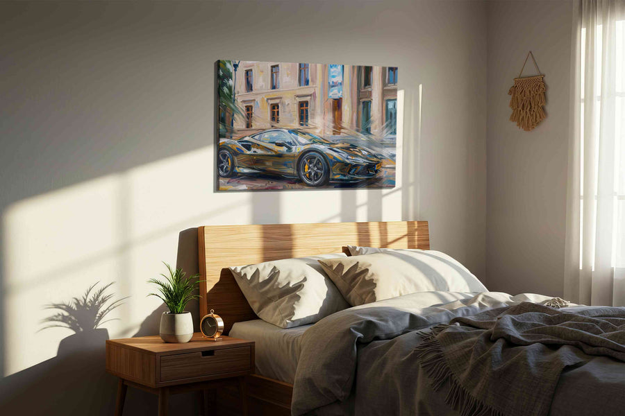 Speed in Brushstrokes automobile canvas print, displayed in a bedroom