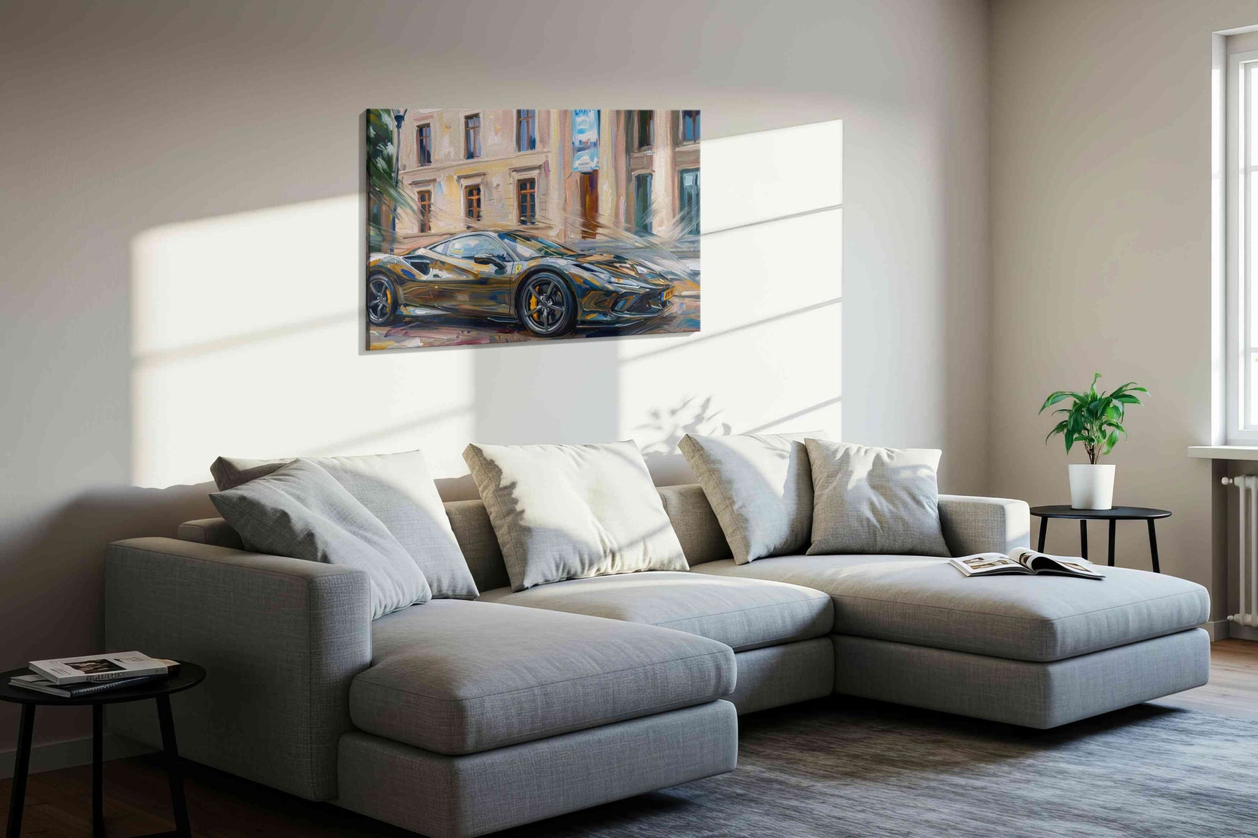 Speed in Brushstrokes automobile canvas print, displayed in a living room