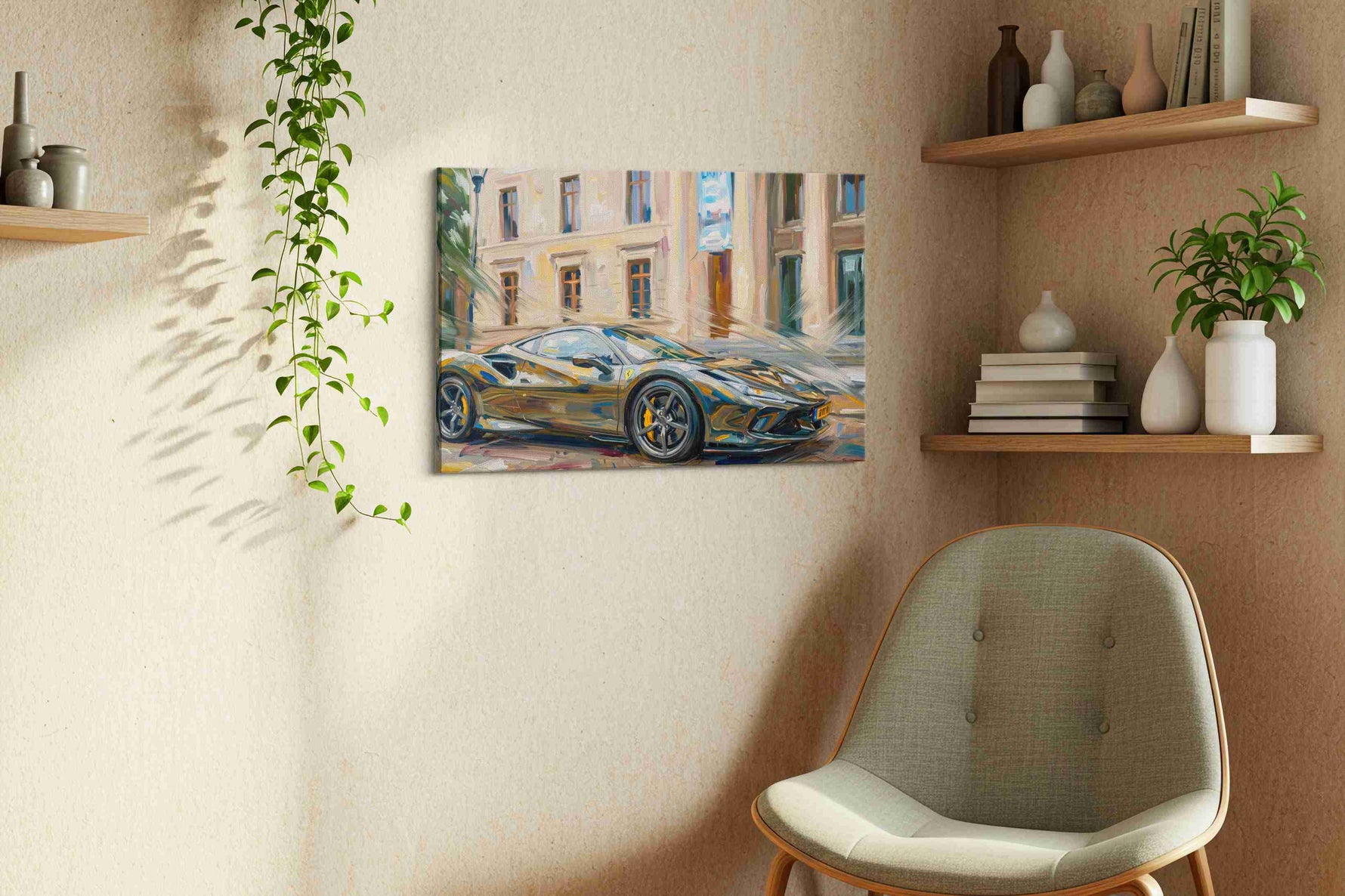 Speed in Brushstrokes automobile canvas print styled in a living room