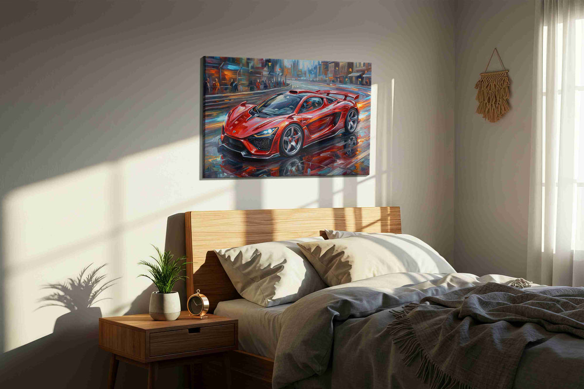 Urban Velocity automobile canvas print, displayed in a bedroom
