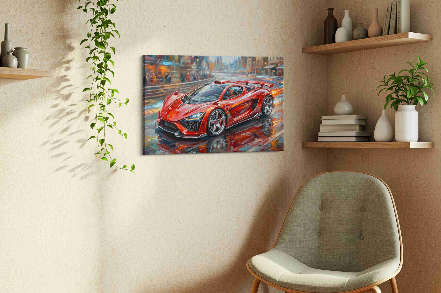 Urban Velocity automobile canvas print in a living room scene