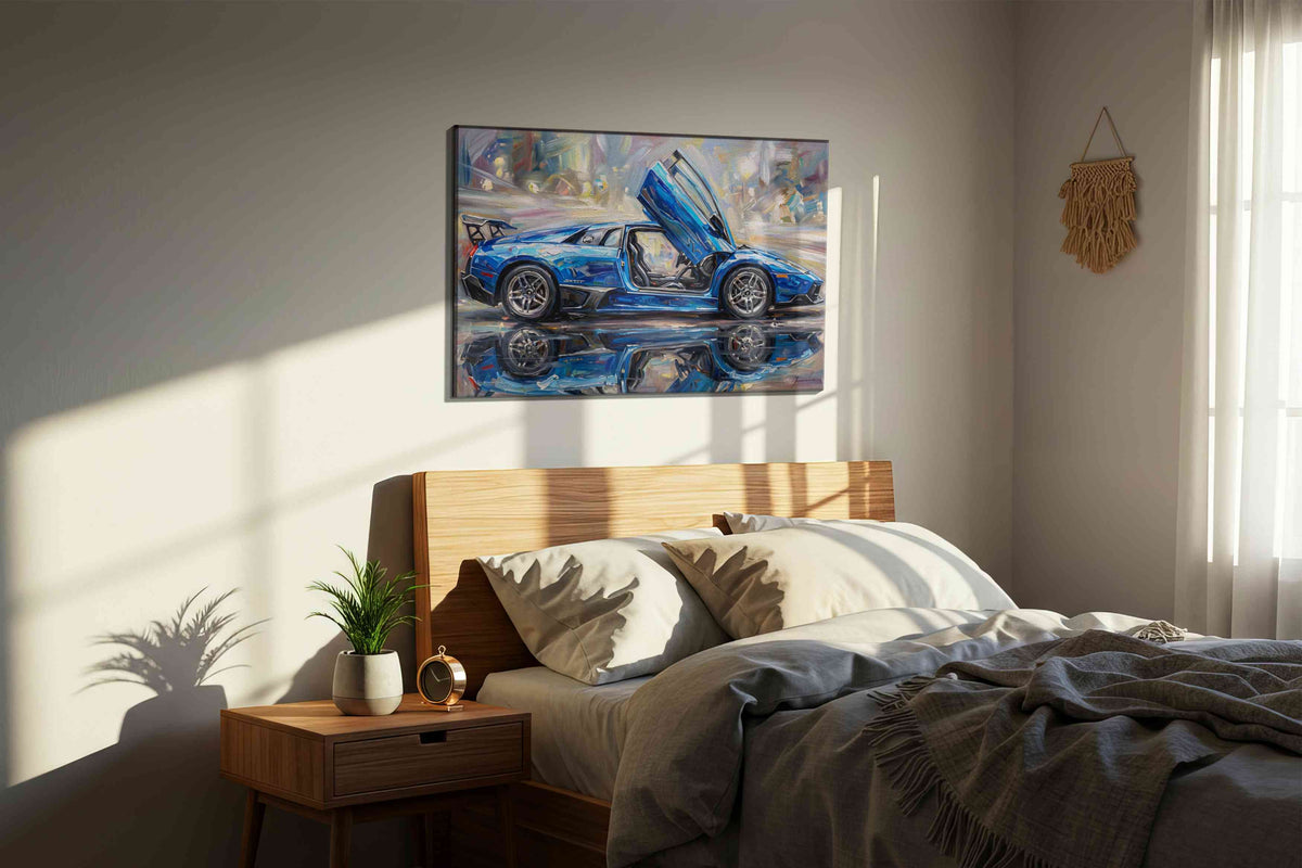 Velocity in Blue Hues automobile canvas print, displayed in a bedroom