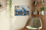Velocity in Blue Hues automobile canvas print styled in a living room