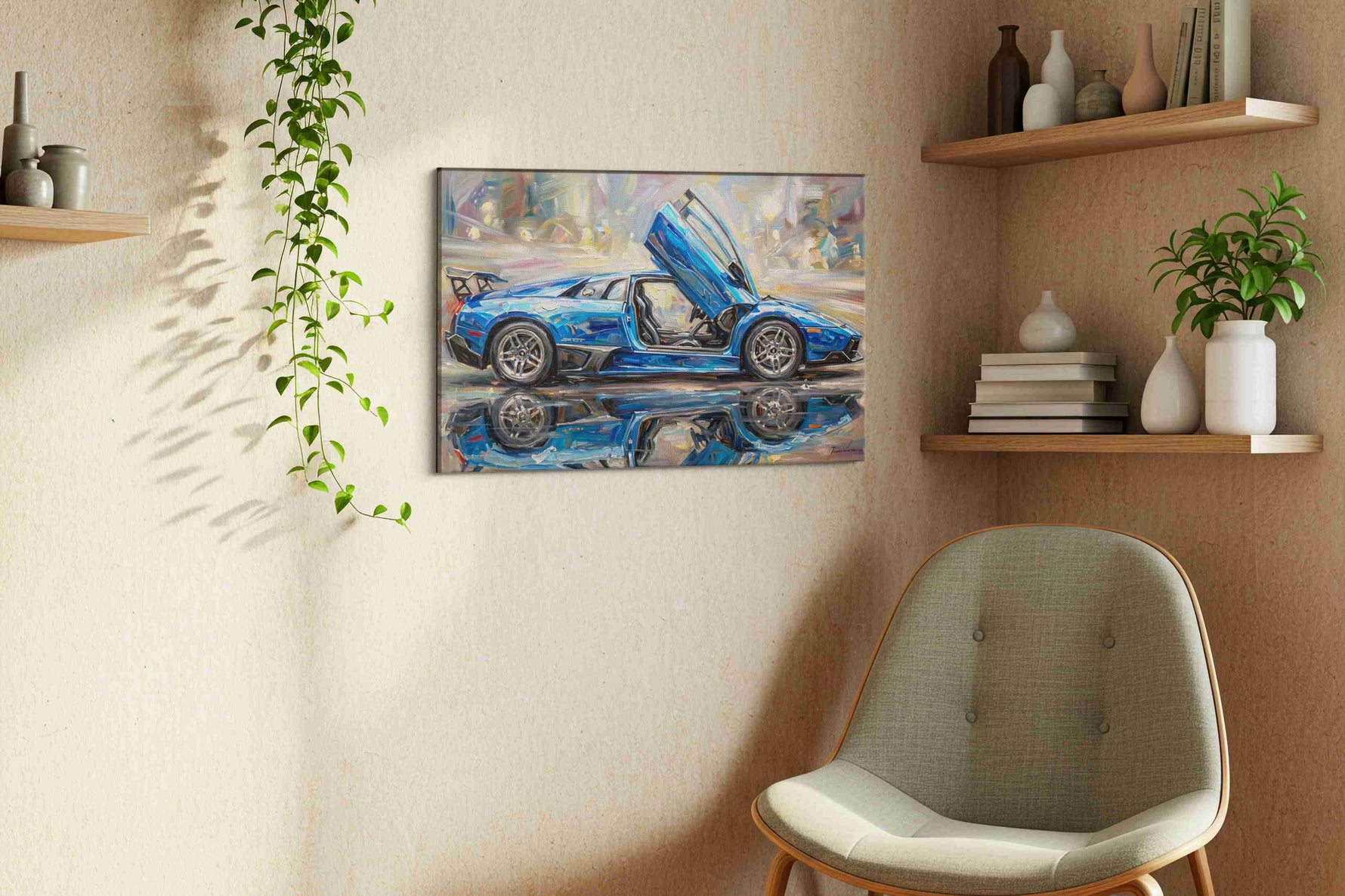 Velocity in Blue Hues automobile canvas print styled in a living room