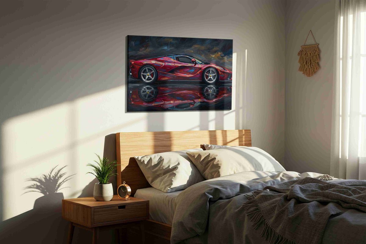 Velocity in Crimson automobile canvas print, displayed in a bedroom