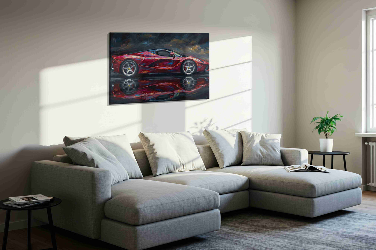 Velocity in Crimson automobile canvas print, displayed in a living room