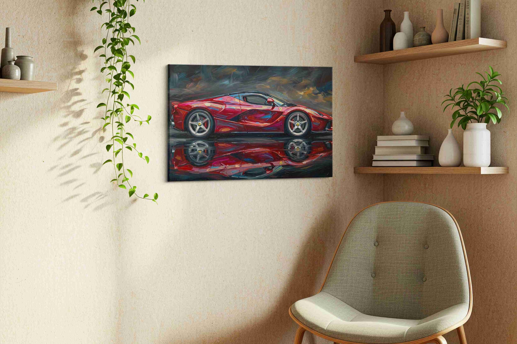 Velocity in Crimson automobile canvas print in a living room scene