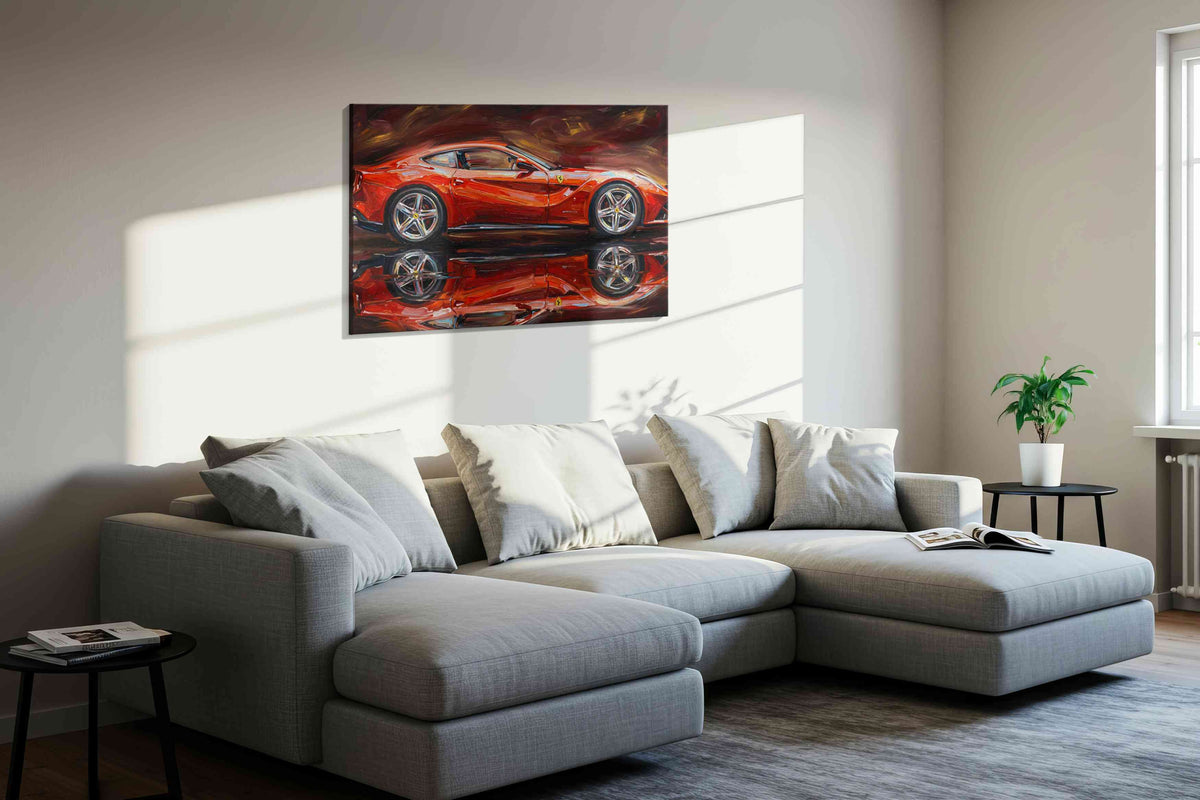 Velocity in Crimson Hues automobile canvas print in a living room scene