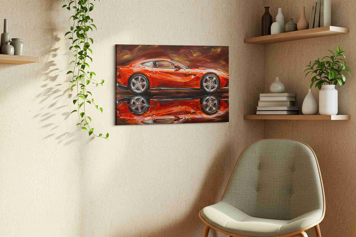 Velocity in Crimson Hues automobile canvas print, displayed in a living room