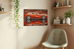 Velocity in Crimson Hues automobile canvas print, displayed in a living room