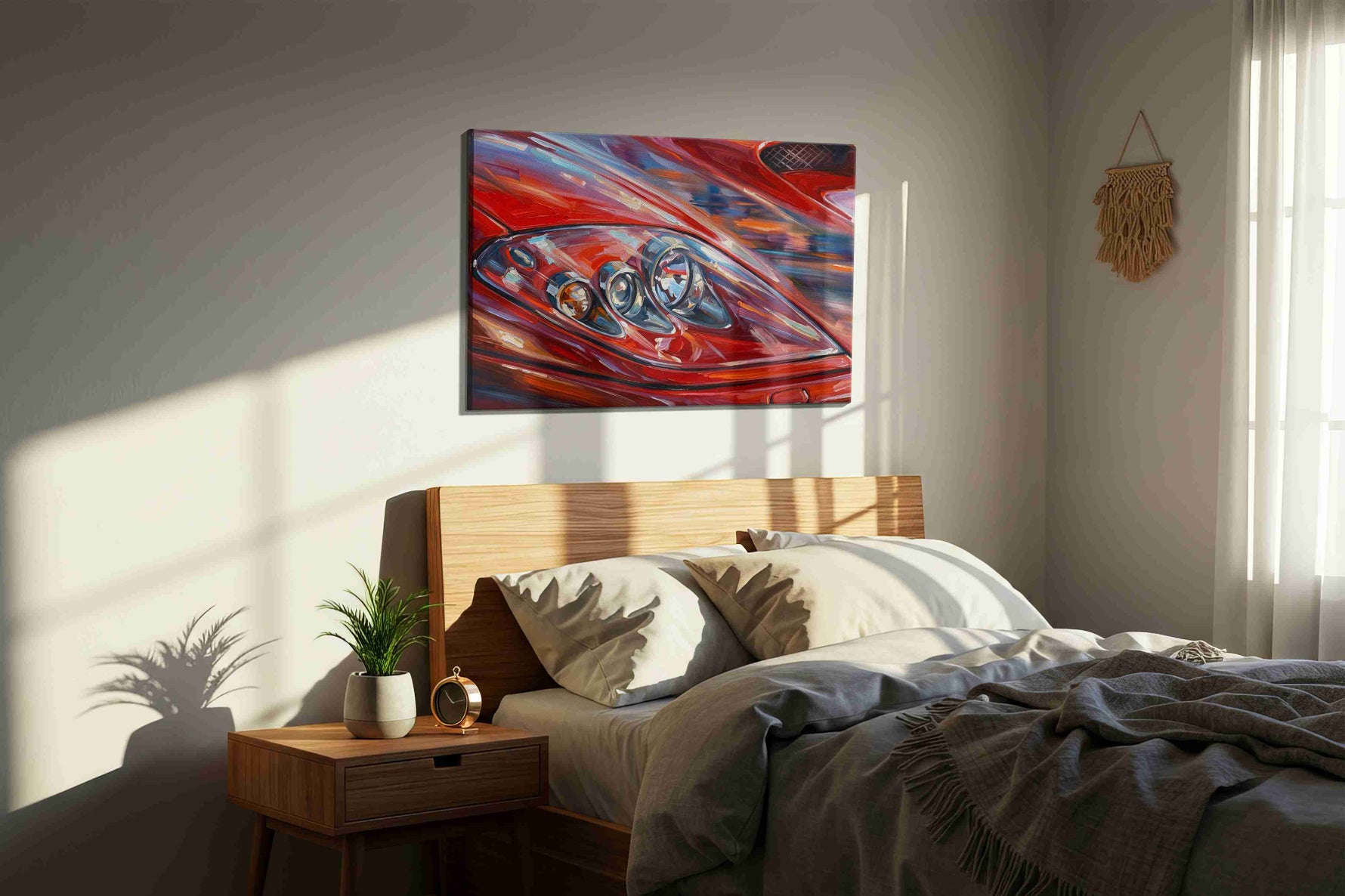 Velocity in Red automobile canvas print, displayed in a bedroom