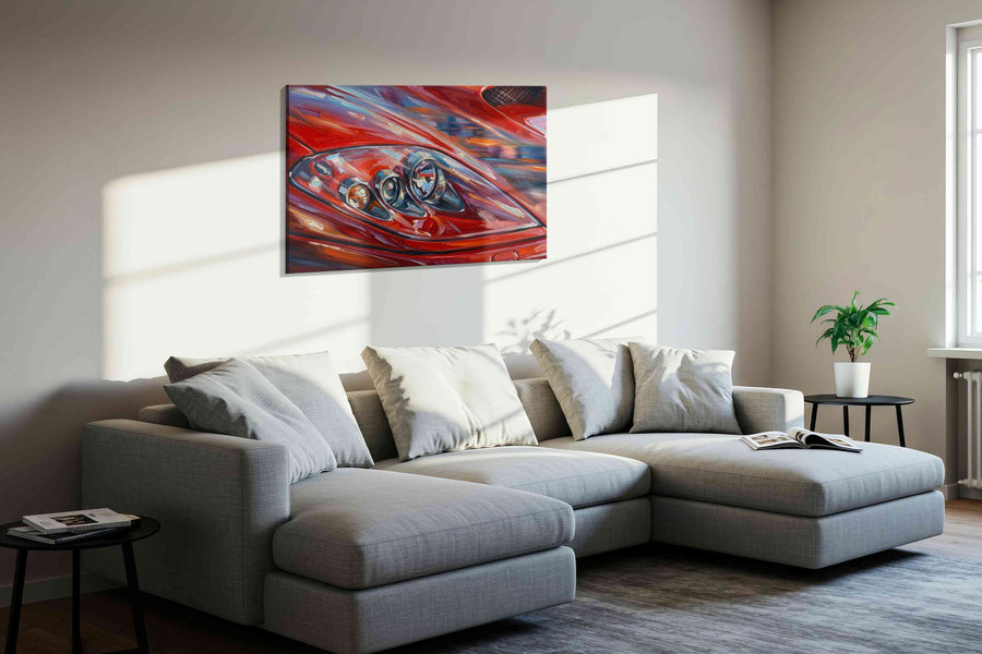 Velocity in Red automobile canvas print, displayed in a living room