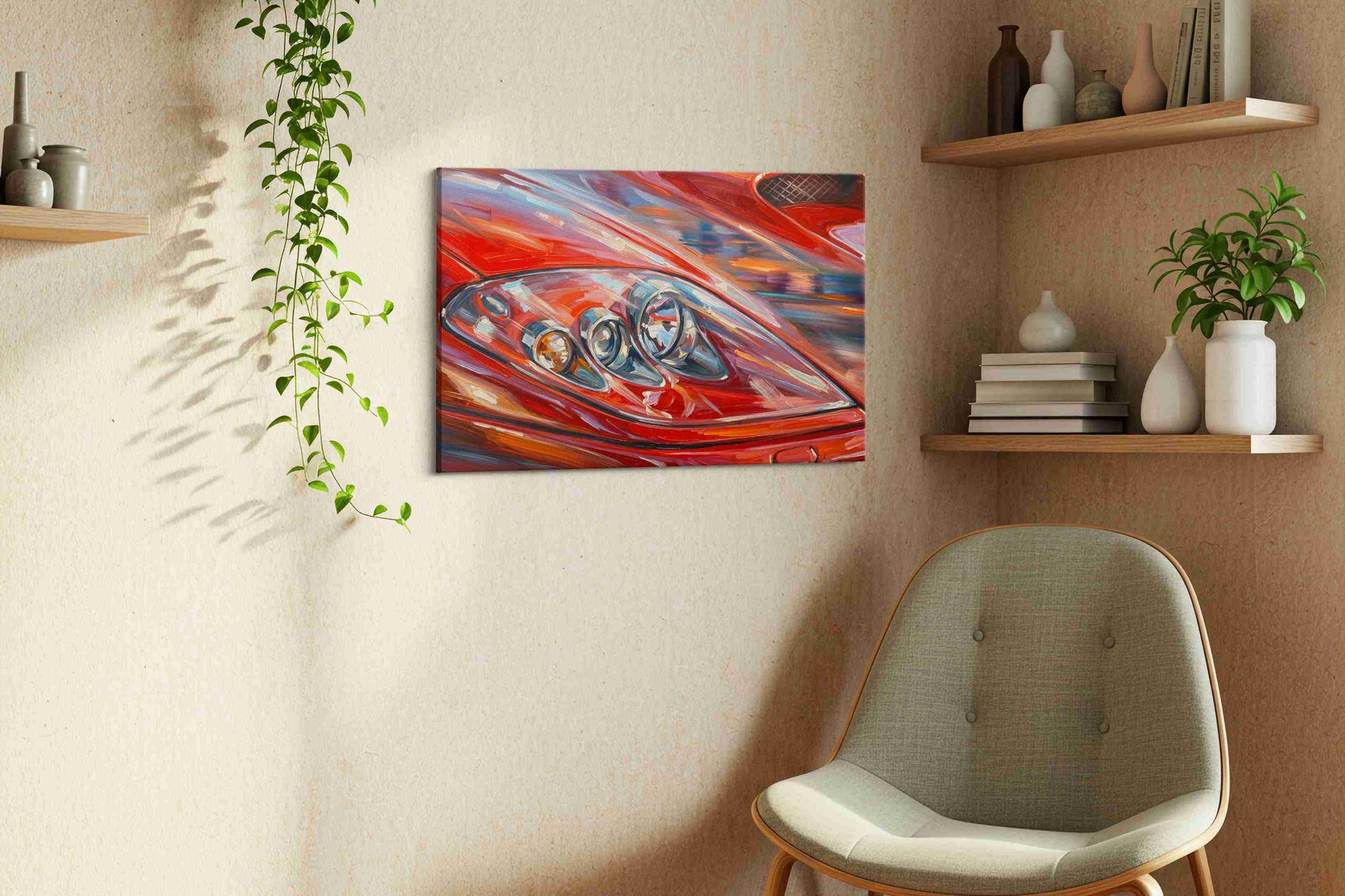 Velocity in Red automobile canvas print in a living room scene
