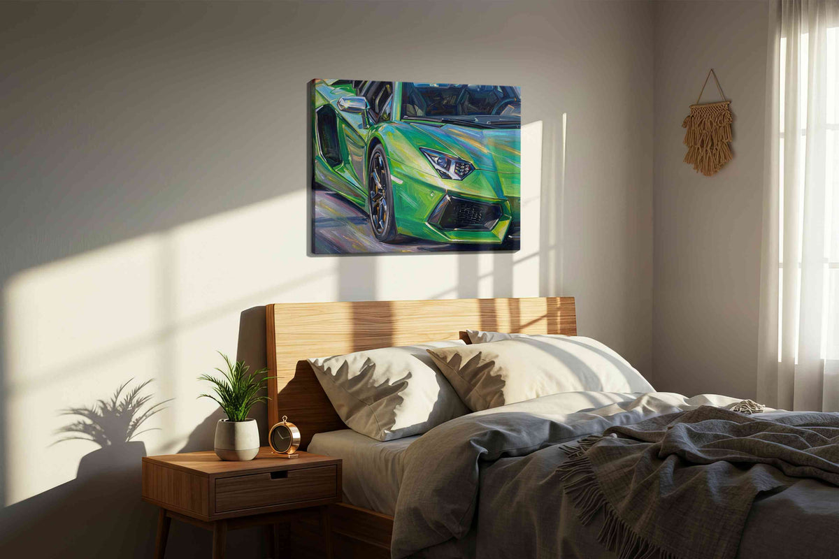 Vibrant Velocity II automobile canvas print, displayed in a bedroom