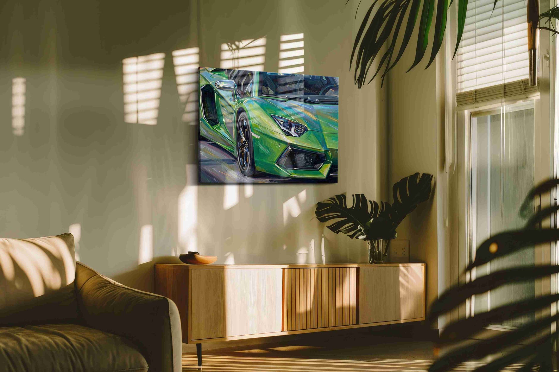 Vibrant Velocity II automobile canvas print in a contemporary interior mockup