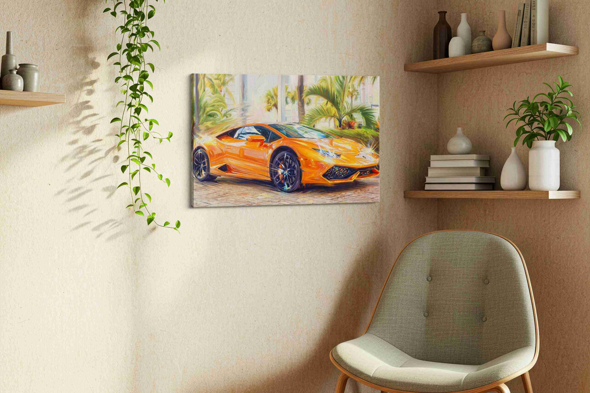 Vibrant Velocity III automobile canvas print, displayed in a living room