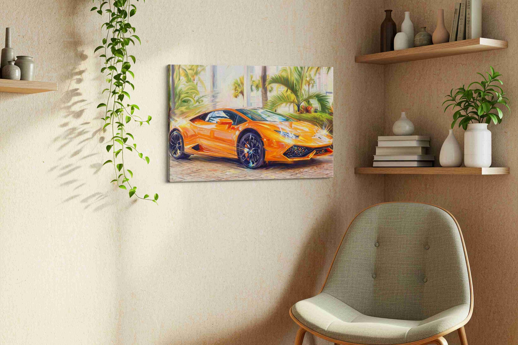 Vibrant Velocity III automobile canvas print, displayed in a living room