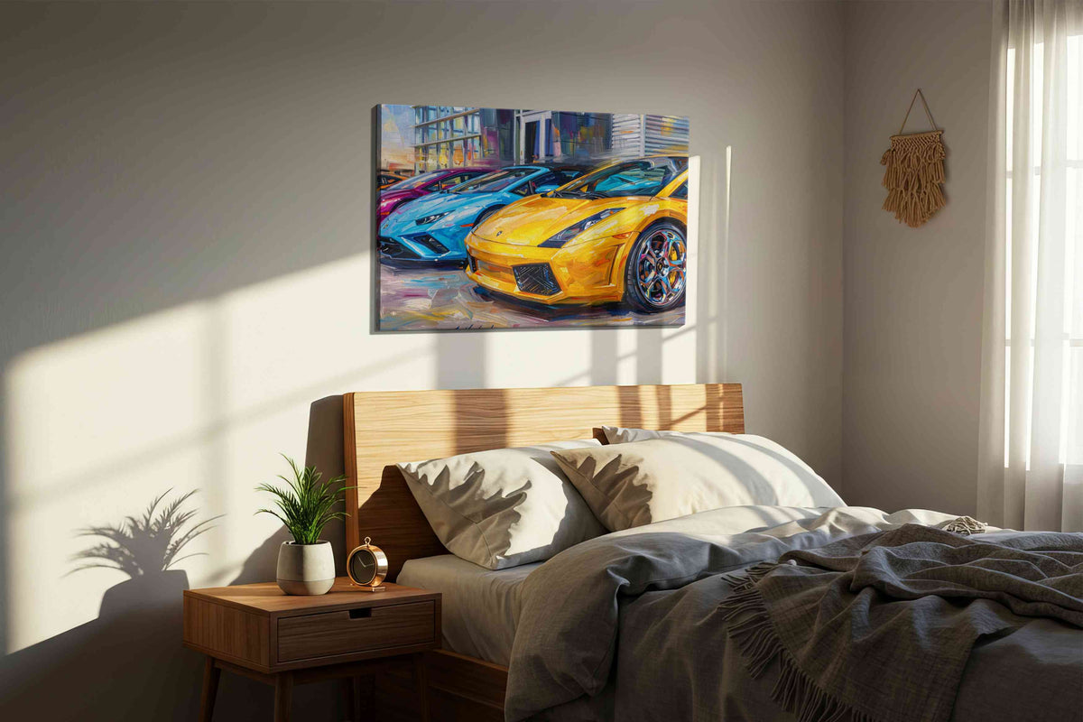 Vivid Velocity automobile canvas print, displayed in a bedroom