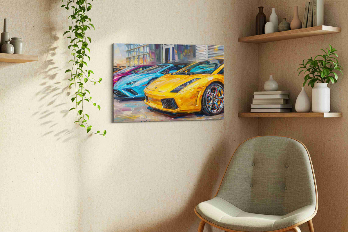Vivid Velocity automobile canvas print, displayed in a living room
