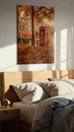Autumn Whisper in the City autumn canvas print, displayed in a bedroom