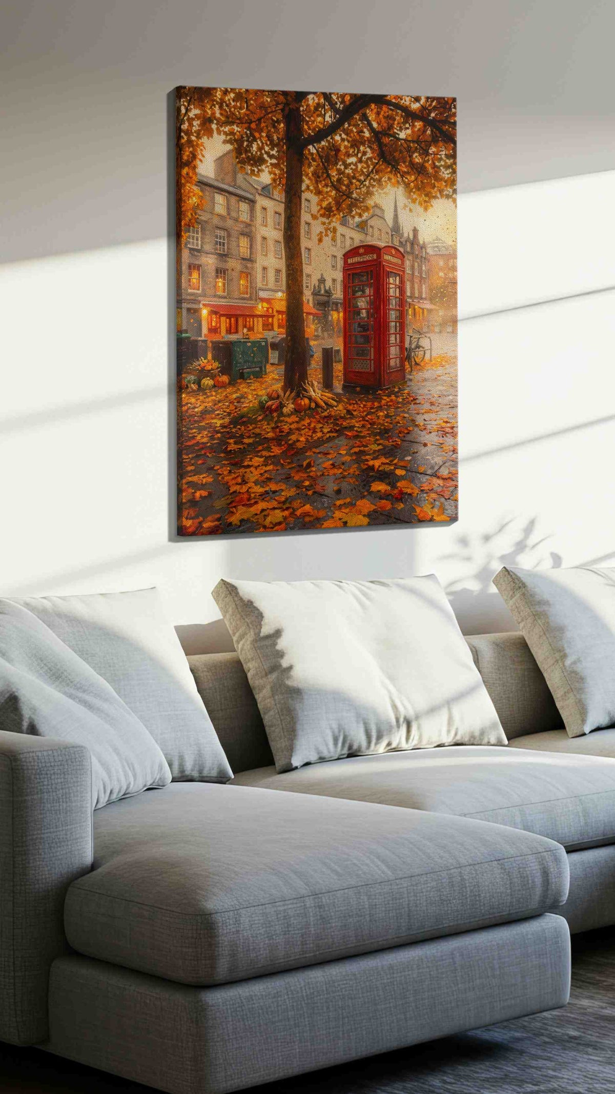 Autumn Whisper in the City autumn canvas print, displayed in a living room