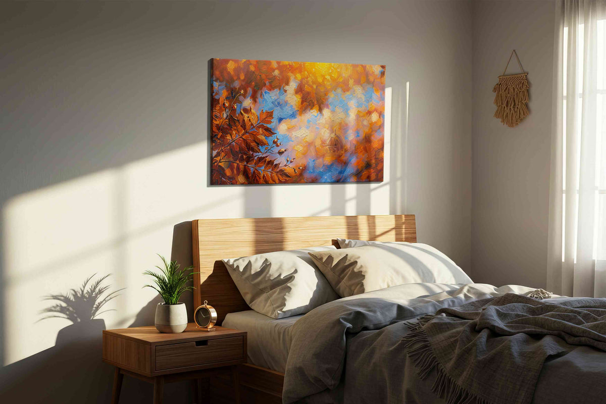 Autumn Whispers at Dawn autumn canvas print, displayed in a bedroom