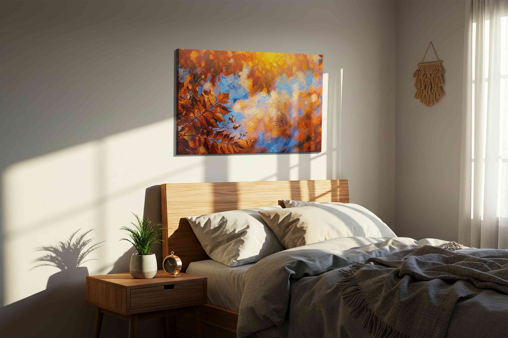 Autumn Whispers at Dawn autumn canvas print, displayed in a bedroom