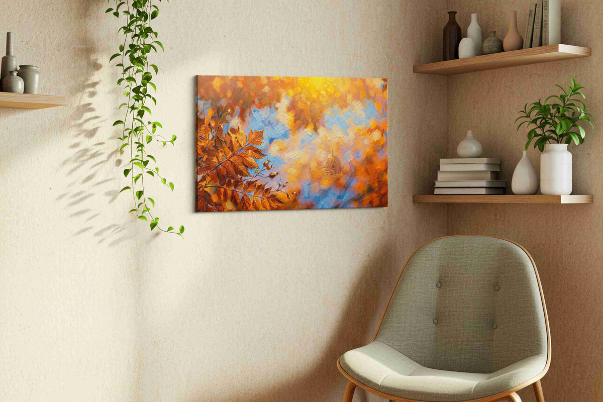 Autumn Whispers at Dawn autumn canvas print styled in a living room