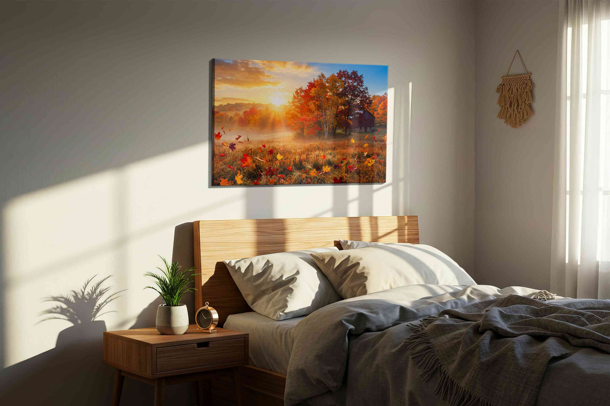 Autumn's Golden Embrace II autumn canvas print, displayed in a bedroom
