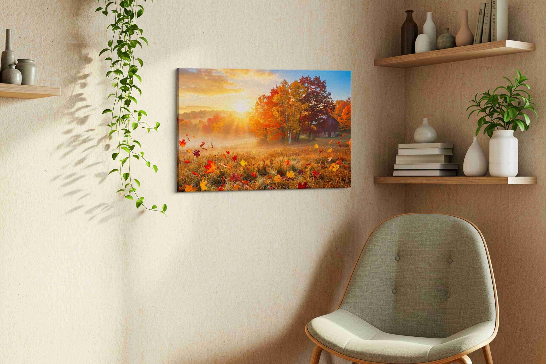 Autumn's Golden Embrace II autumn canvas print, displayed in a living room