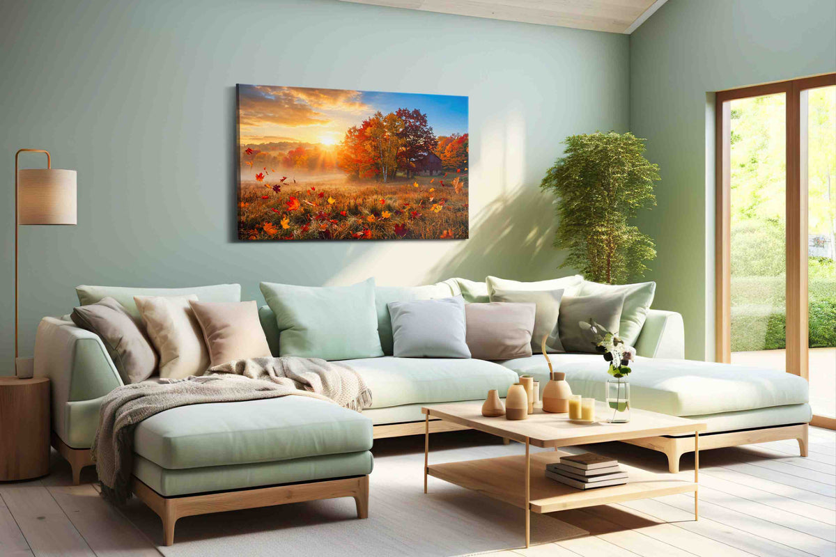 Autumn's Golden Embrace II autumn canvas print shown in a wall scene