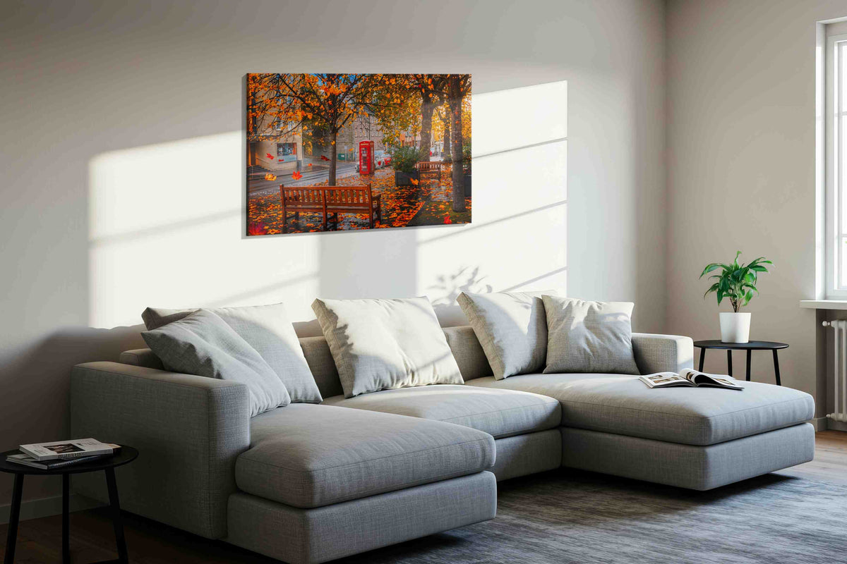 Autumn's Whisper in the City autumn canvas print, displayed in a living room
