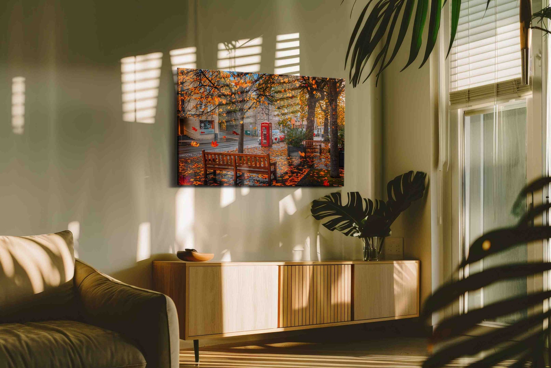 Autumn's Whisper in the City autumn canvas print in a hung canvas mockup