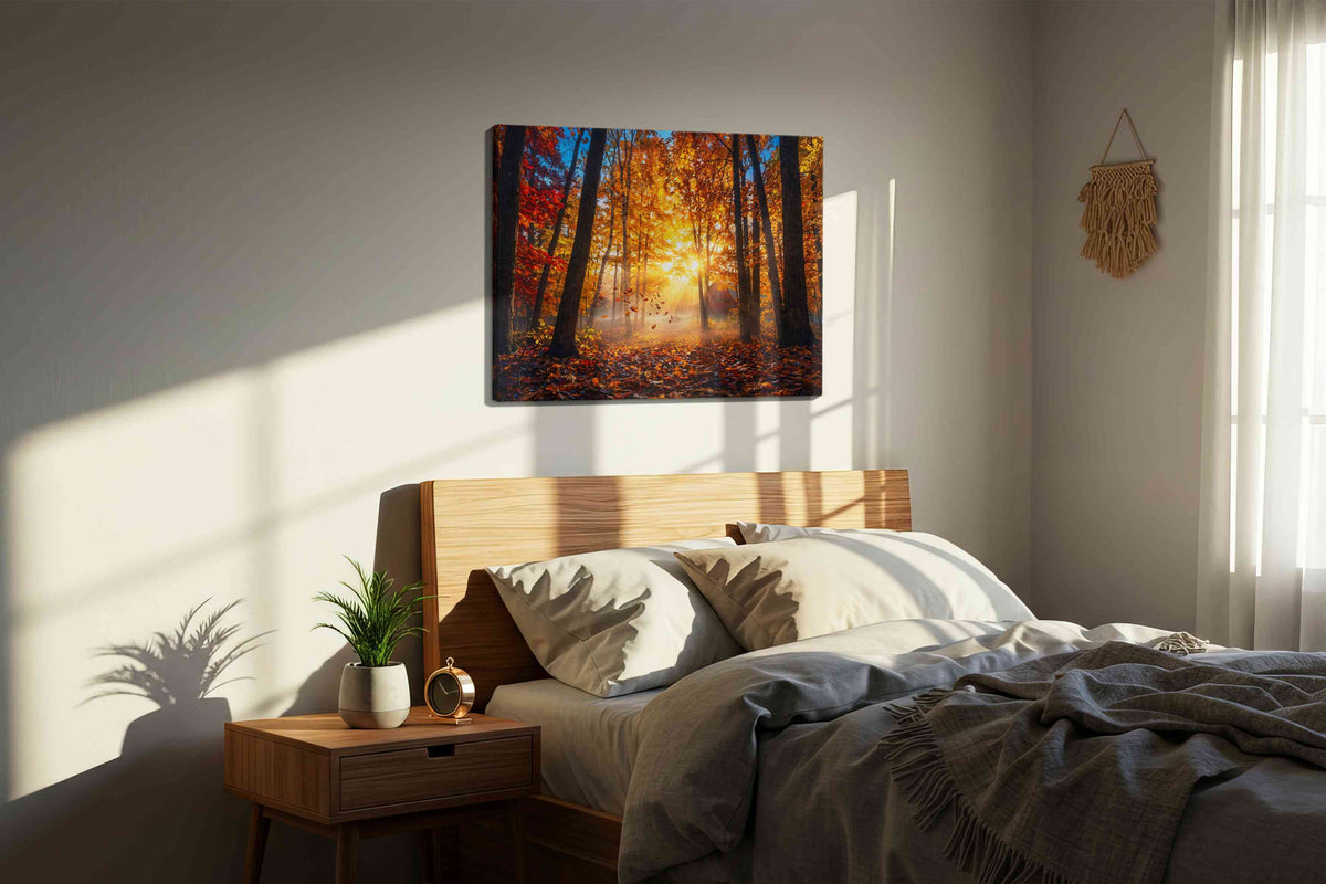 Ethereal Autumn Light autumn canvas print, displayed in a bedroom
