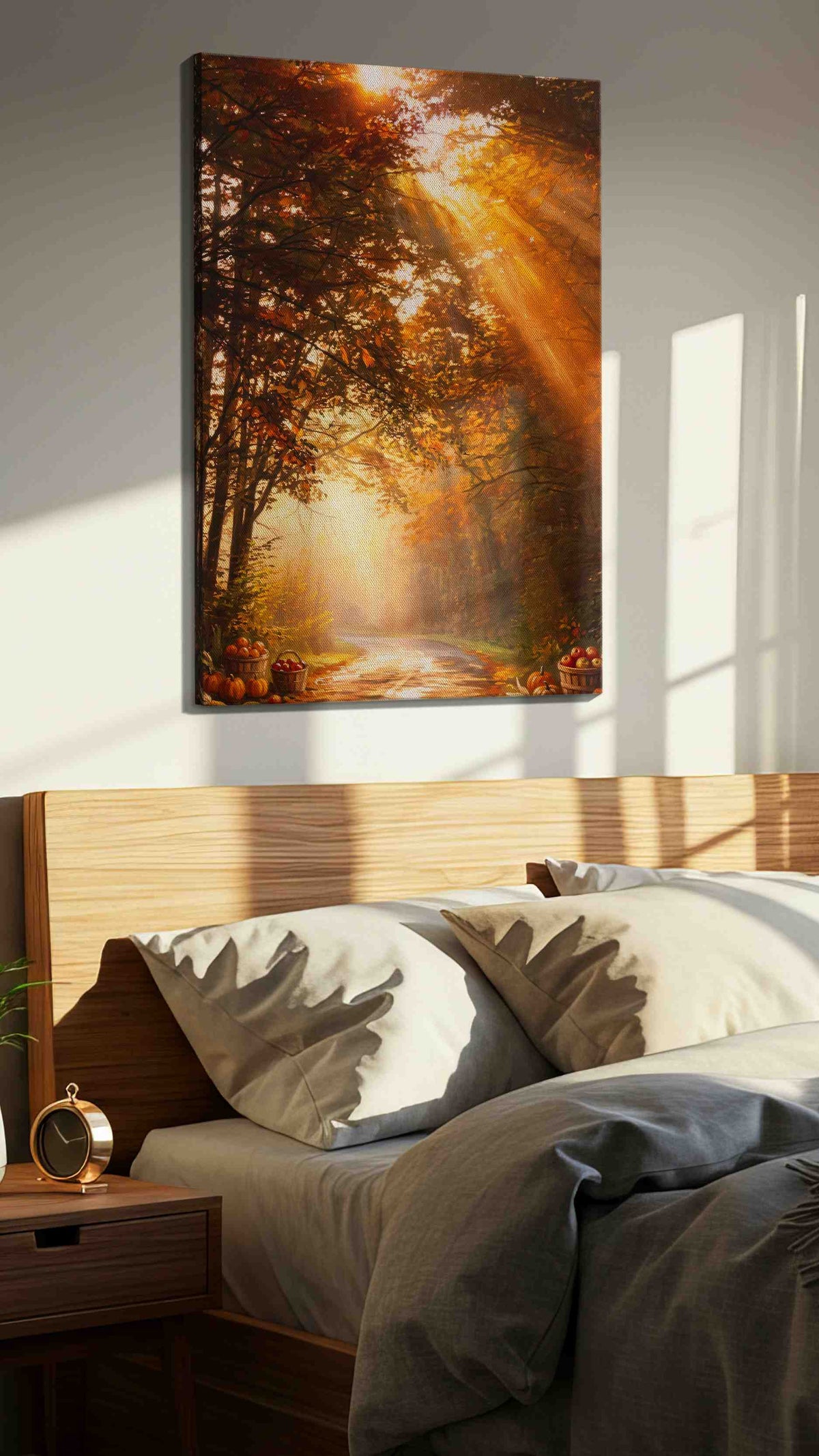 Golden Autumn Pathway autumn canvas print, displayed in a bedroom