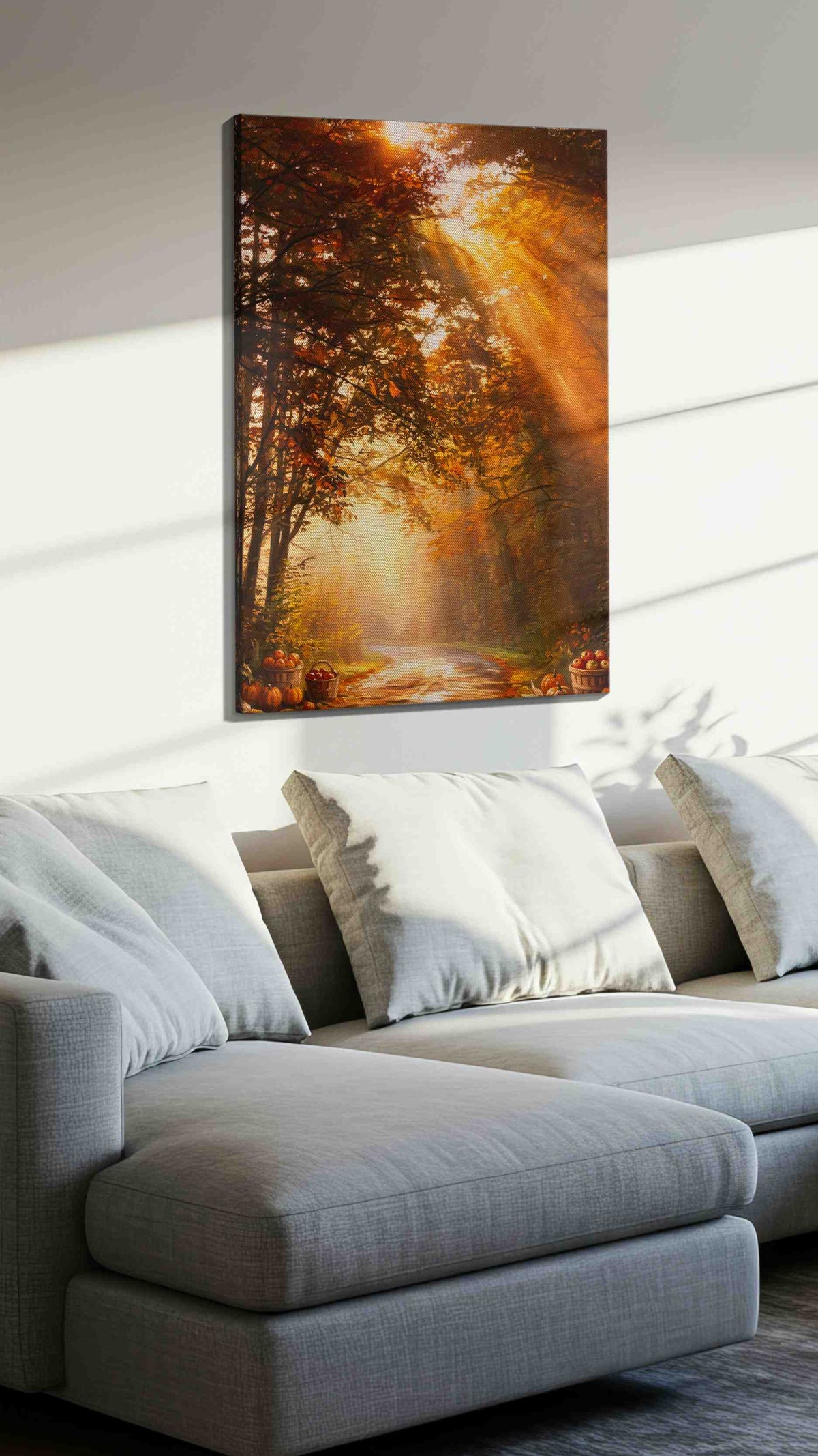 Golden Autumn Pathway autumn canvas print, displayed in a living room