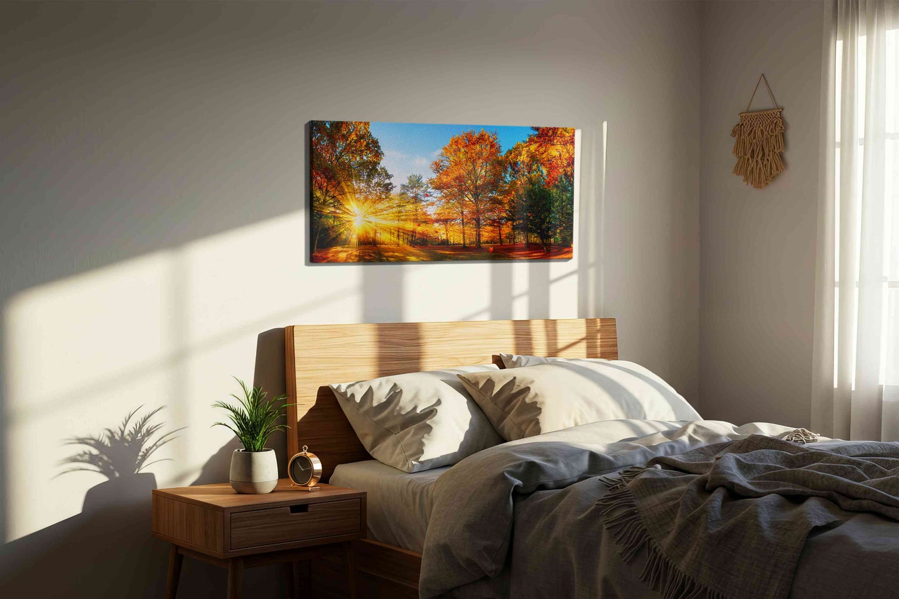 Golden Autumn Radiance autumn canvas print, displayed in a bedroom