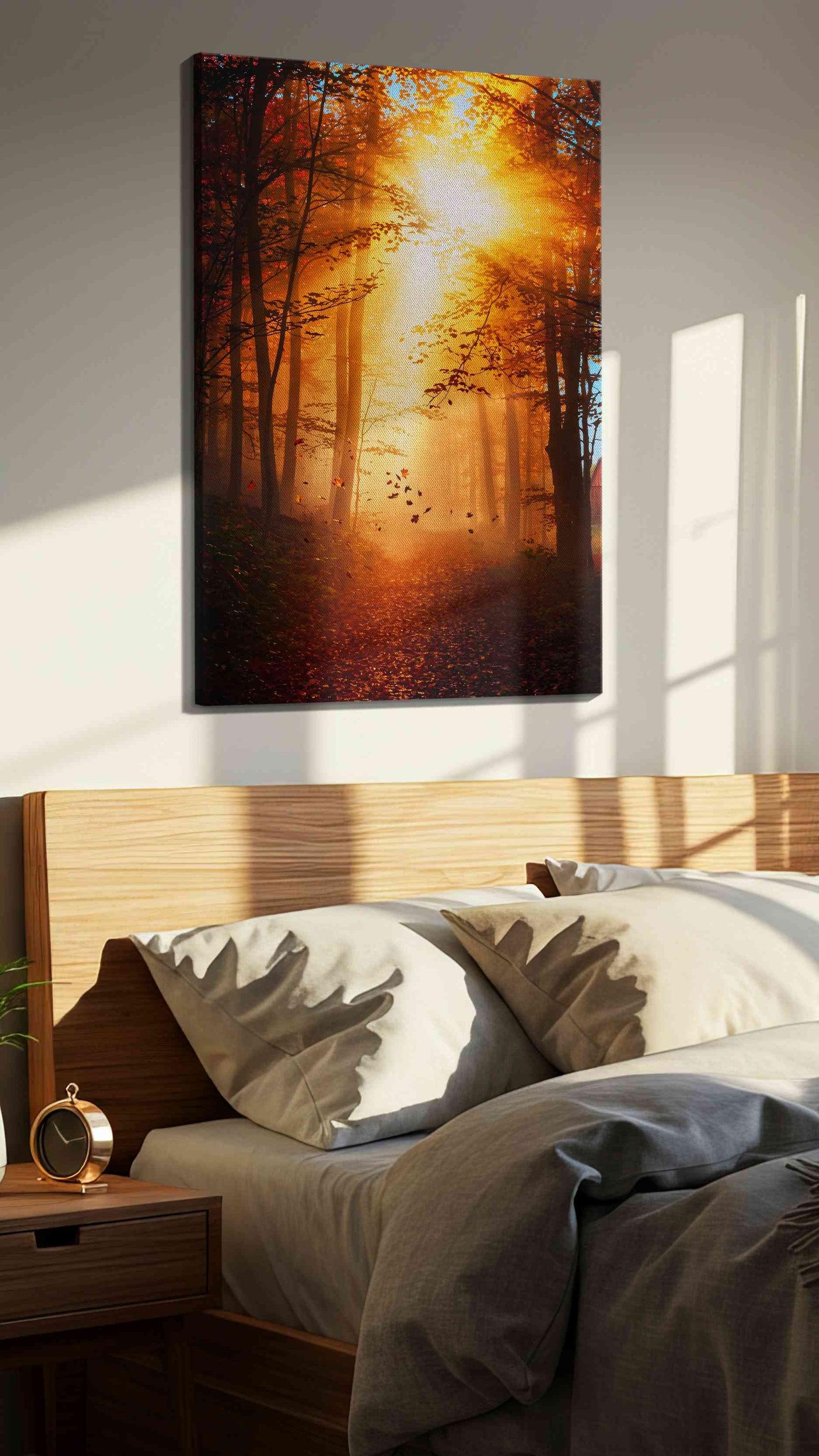 Golden Embrace of Autumn autumn canvas print, displayed in a bedroom