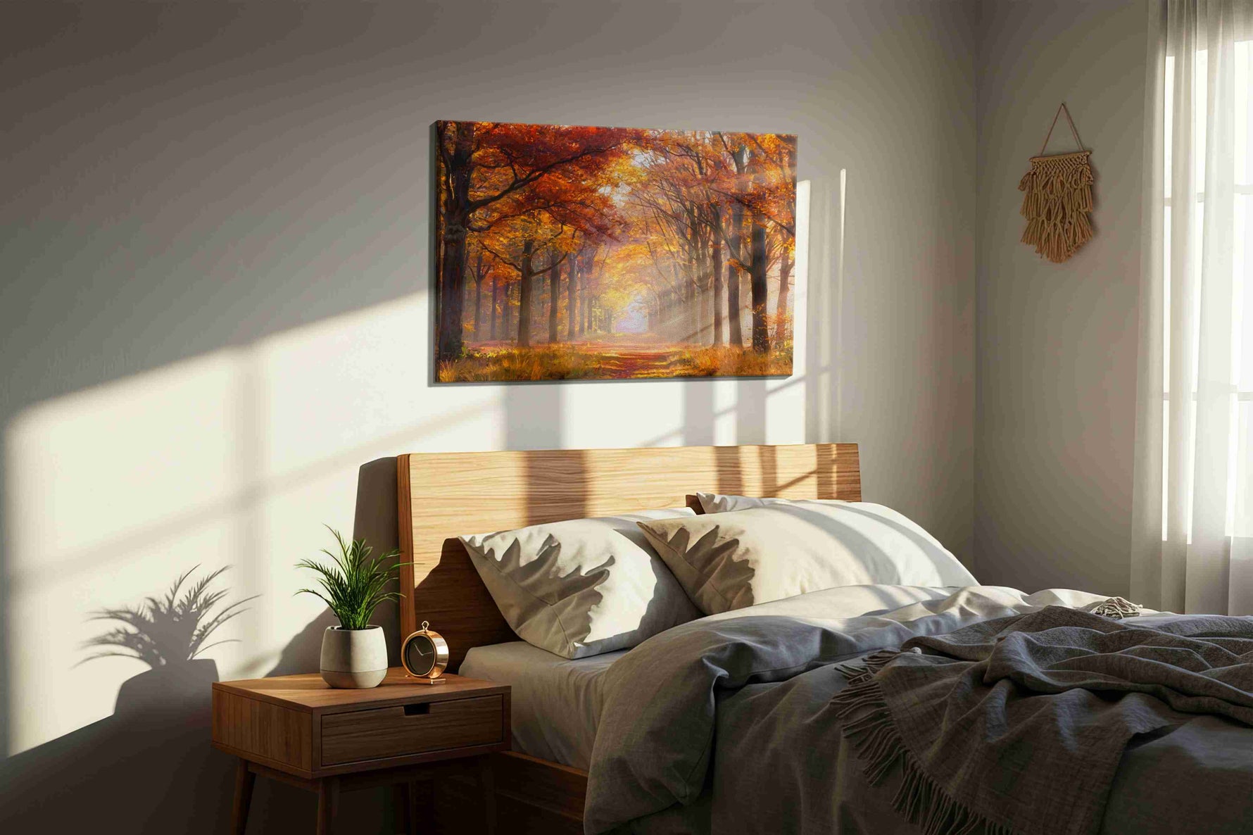 Golden Pathway of Autumn autumn canvas print, displayed in a bedroom