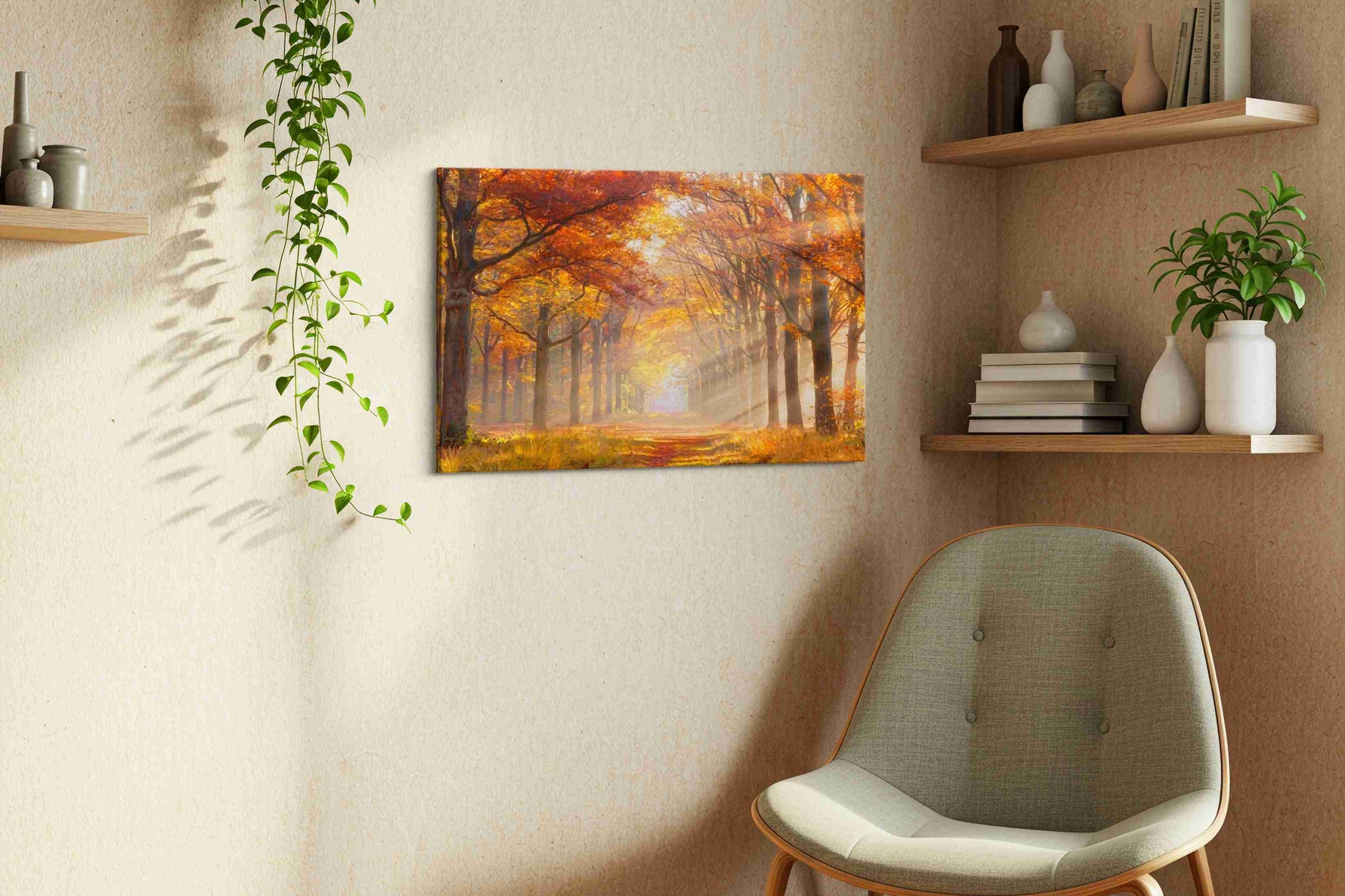 Golden Pathway of Autumn autumn canvas print, displayed in a living room